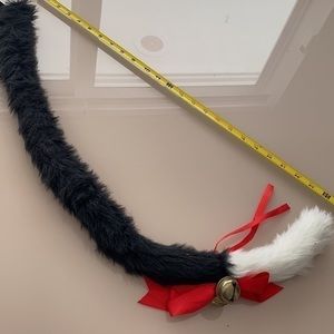 Long Faux-fur Cat Tail Black White /w Bell & Bow